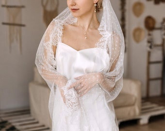 Bridal veil Polka dot veil Chantilly Lace Veil Wedding veil lace One tier veil with lace trim Handmade unique veil -Nevaeh