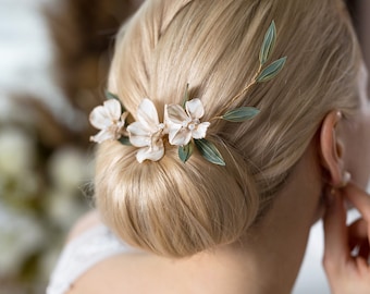 Peigne à fleurs pour mariage, morceau de cheveux de mariée, barrette à cheveux de mariée, casque de mariage, cheveux de mariage liane - magnolia