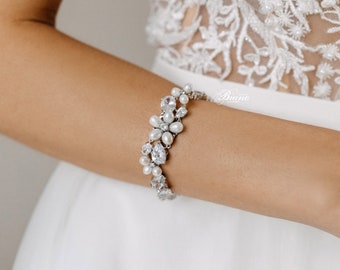 Bracelet de mariée pour le jour du mariage, bracelet de mariage de perles, bracelet de mariée en cristal, bracelet de perles florales - Oda