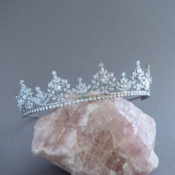 Tiara ślubna dla panny młodej, Kryształowa tiara ze srebra lub złota, Ozdoba ślubna, Korona z cyrkonii - Anty