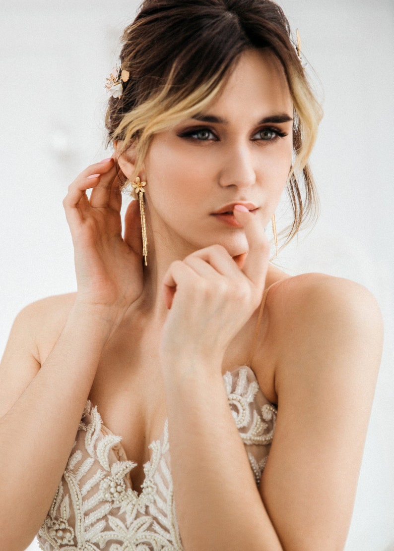 Tassel Earrings, Gold Dangle Earrings, Wedding Gold Earrings, Minimalist Jewelry, Silver Long Earrings, Bridal Chain Earrings LADY image 3