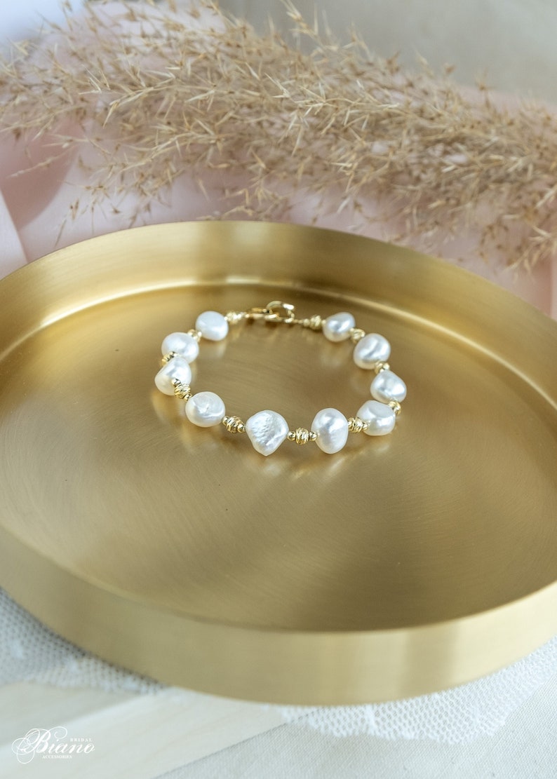 Bridal gold bracelet, Baroque pearl bracelet, Wedding jewelry pearl set, Freshwater Pearl Bracelet Kaia image 2