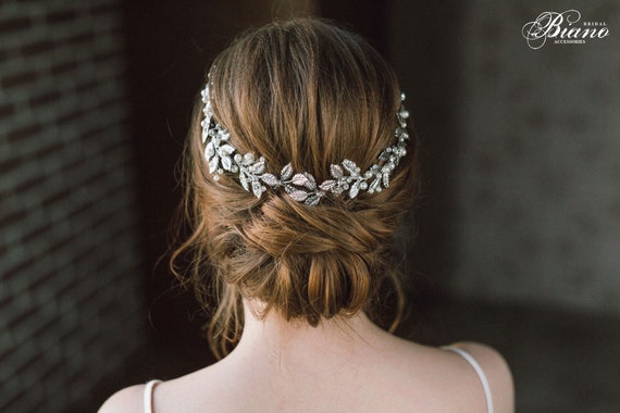 Bridal Pearl Hairband, Gold or Silver Leaf Crystal Headband  display picture 1
