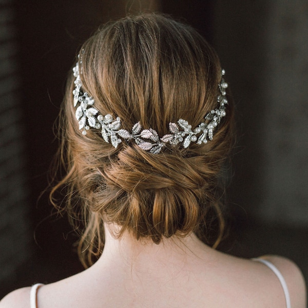 Wedding Hair Vine, Leaf Pearl and crystal Headband , Bridal Back Headpiece,  Bridal Bohemian Headpiece,  Headpiece for bride - AURELIA