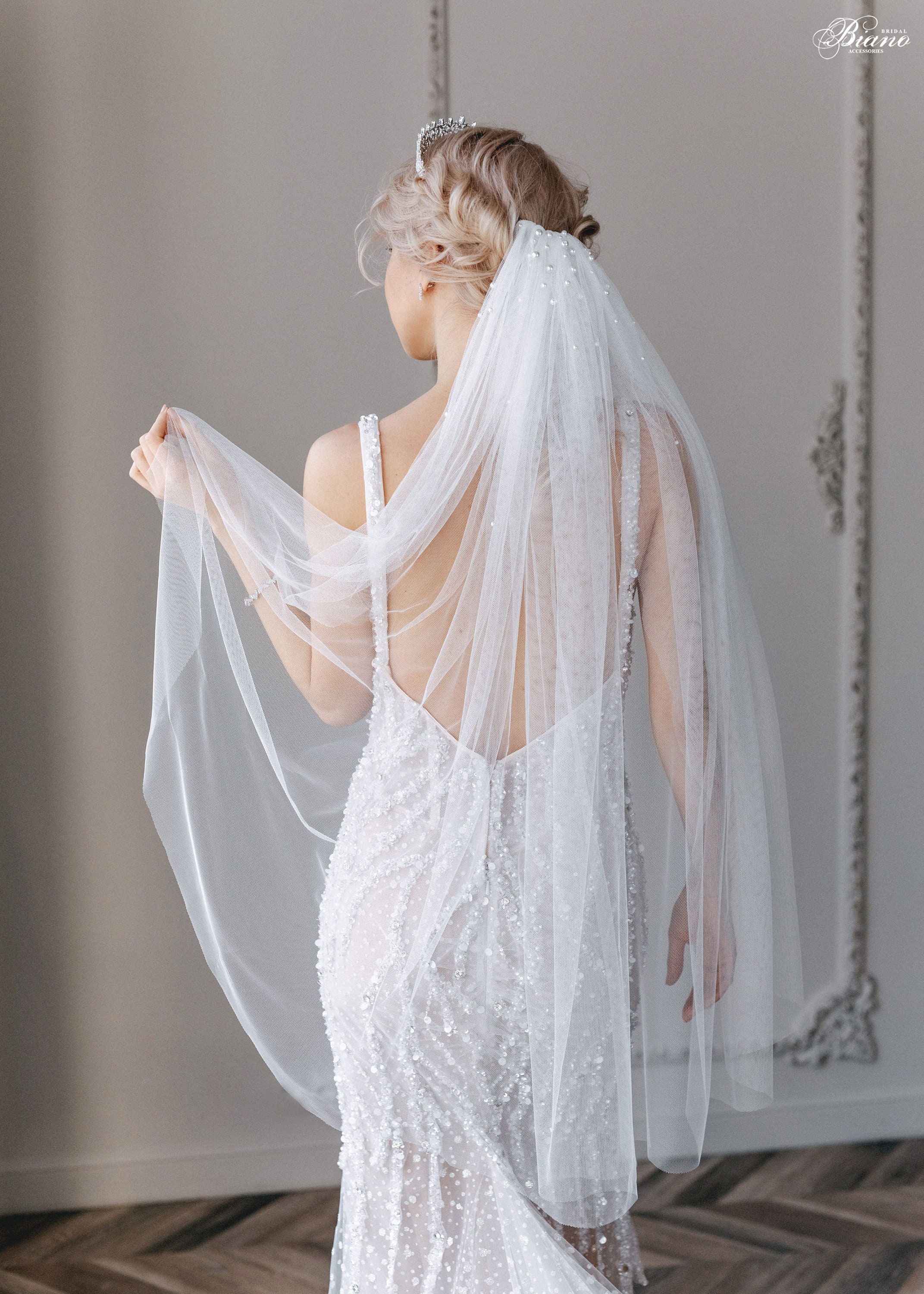 Silk Tulle Wedding Veil, bridal veil, soft veil, ivory veil with pearls, soft bridal veil - Leia