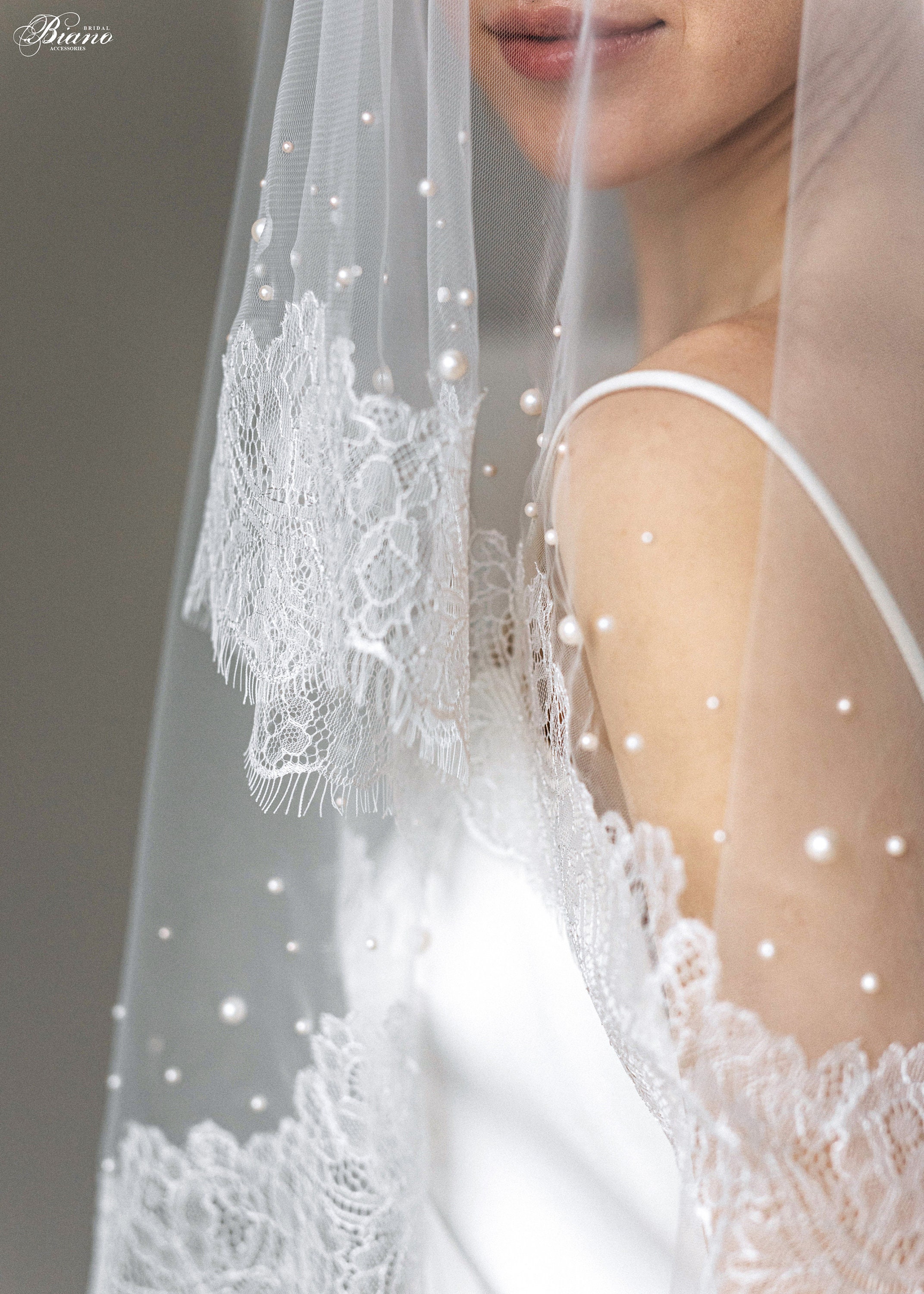114 Abbey Length Ivory Bridal Veil with Scattered Pearls — Lanoviafactory