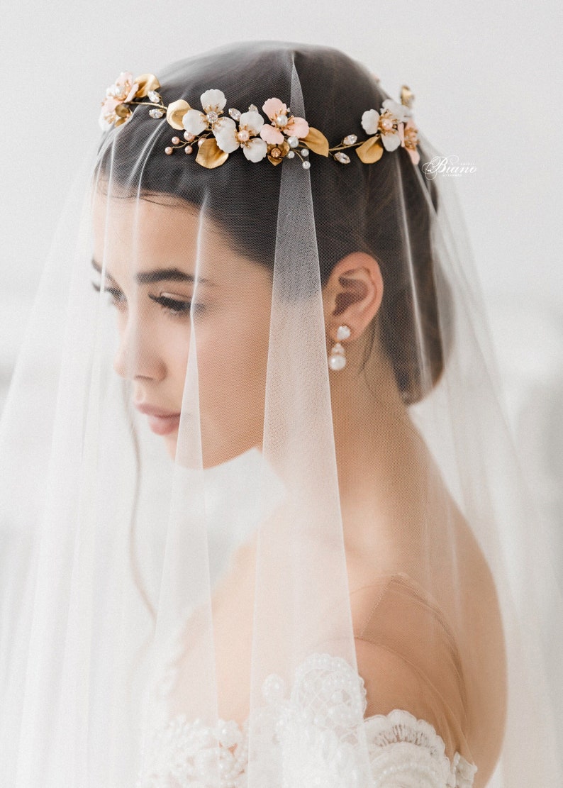 Wedding headband for bride, Bridal headband floral, Bohemian headpiece, Wedding flower crown, White and pink flowers headband EMMA image 6