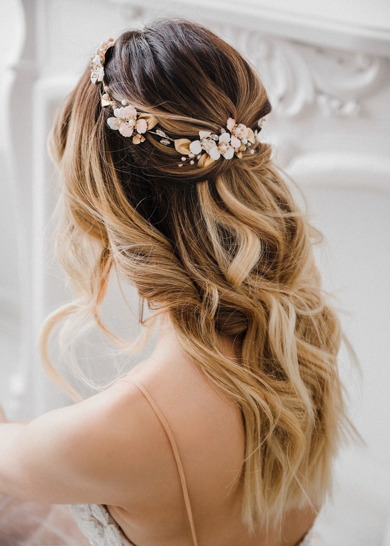 Wedding headband for bride, Bridal headband floral, Bohemian headpiece, Wedding flower crown, White and pink flowers headband EMMA image 2