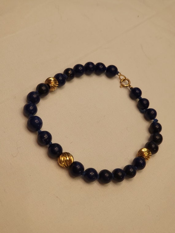 Vintage 7" Pure Lapis and 14K Gold Spiral Bead Br… - image 1