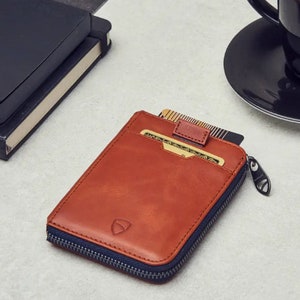 Minimalist Leather Zipper Wallet. Slim Multi Card Holder with RFID Blocking