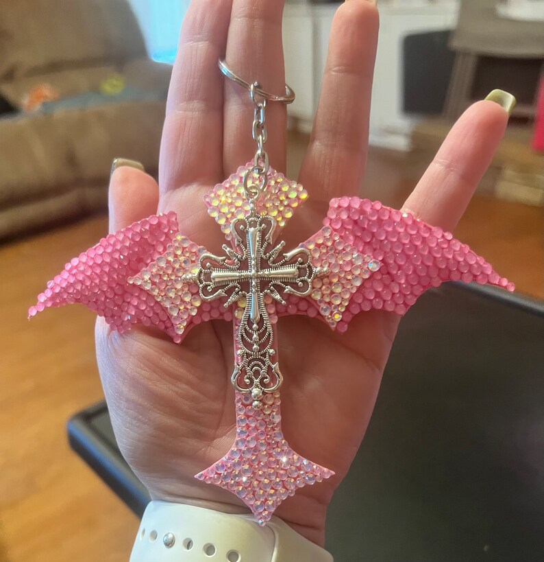 Rhinestone Pastel Pink Goth Cross Keychain/bedazzled Pink Bat Wings