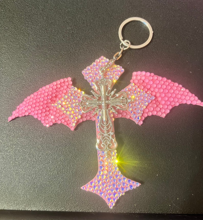 Rhinestone Pastel Pink Goth Cross Keychain/bedazzled Pink Bat Wings