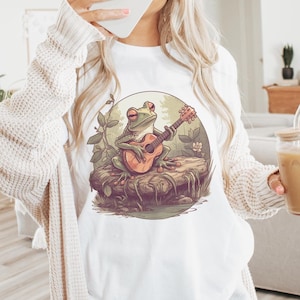 Cottagecore Frog Playing Guitar T-shirt, Frog Lover Gift, Goblincore, Vintage shirt, Cottage Core Clothing, Botanical Frog Shirt, Retro Tee