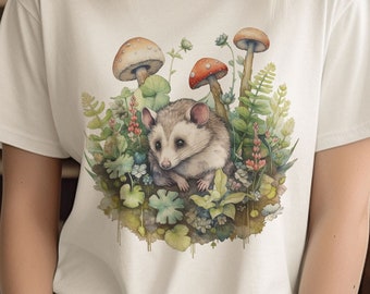 Cottagecore Opossum Shirt: Watercolor Mushroomcore Tee