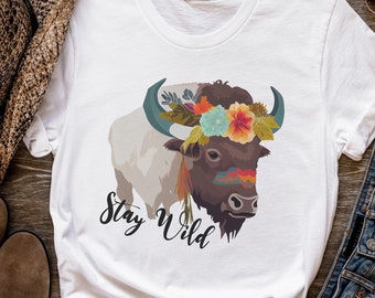 Stay Wild Buffalo Flower T-shirt ,Animal Shirt, National Park Animal, Unisex jersey, Outdoor T-shirt,Boho Shirt, Camping Shirt, Nature Shirt