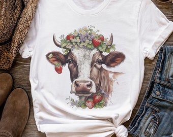 Wild Flower Strawberry Cow Shirt, Cottage Core Cow shirt, Cottagecore Clothing, Vintage Strawberry shirt, Wild Flower Shirt, Farm Life, Boho