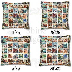May include: Four square throw pillows with a vintage travel poster design. The pillows are in various sizes: 14x14 inches, 16x16 inches, 18x18 inches, and 20x20 inches.