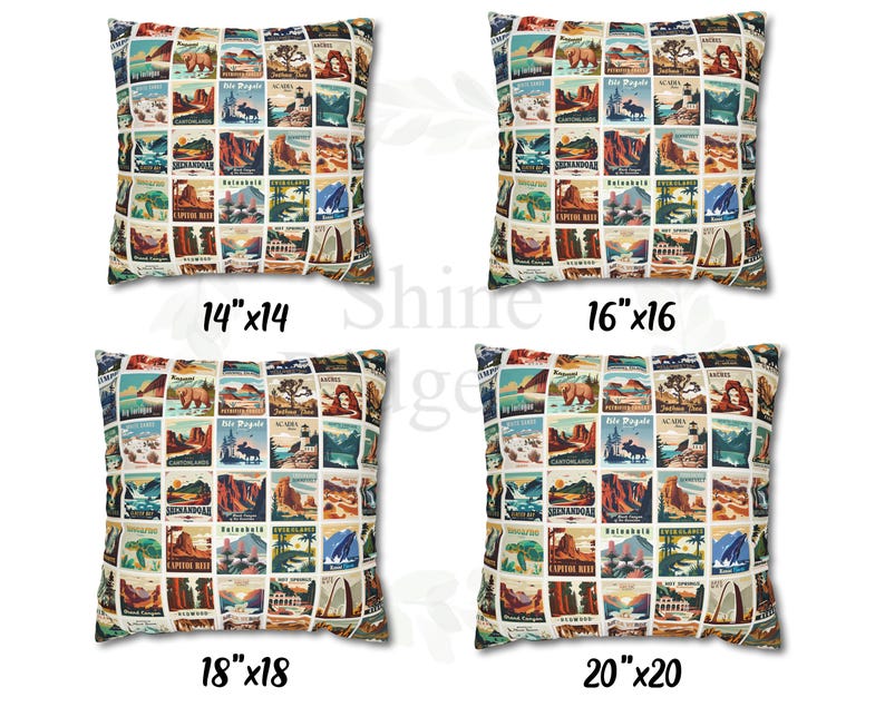May include: Four square throw pillows with a vintage travel poster design. The pillows are in various sizes: 14x14 inches, 16x16 inches, 18x18 inches, and 20x20 inches.