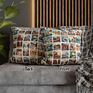 May include: Two decorative throw pillows with a vintage travel theme. The pillows feature a collage of colorful illustrations of national parks and landmarks. The text on the pillows includes "Grand Canyon", "Yosemite", "Zion", and "Bryce Canyon".