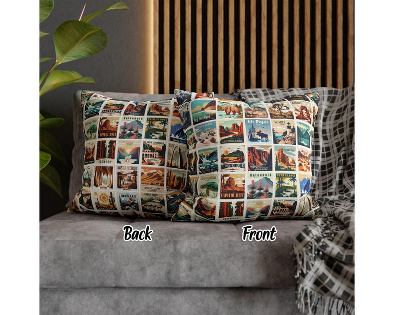 May include: Two decorative throw pillows with a vintage travel theme. The pillows feature a collage of colorful illustrations of national parks and landmarks. The text on the pillows includes "Grand Canyon", "Yosemite", "Zion", and "Bryce Canyon".