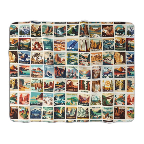 Horizontal 63 National Parks Sherpa Fleece Blanket Camp Blanket Camping Gift RV Accessories for Inside Out Door Lover Gift Nature Lover Gift