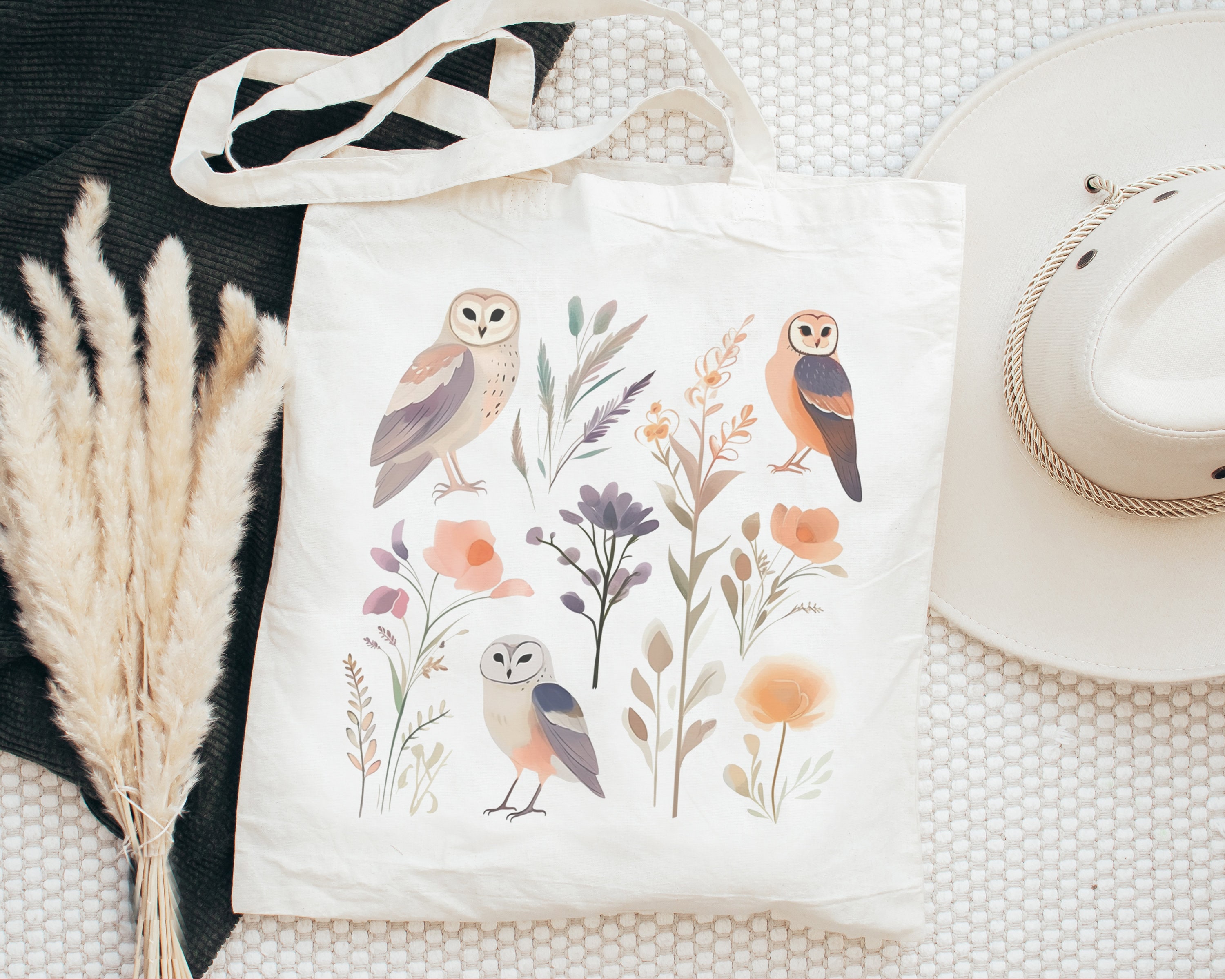 Cottagecore Barn Owl Cotton Canvas Tote Bag: Floral Book Tote
