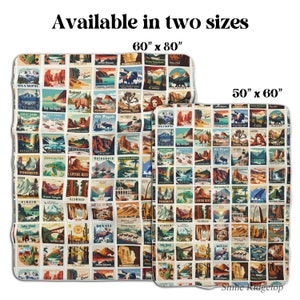 May include: Two rectangular blankets, one 60" x 80" and the other 50" x 60", feature a collage of vintage-style travel posters. The posters showcase national parks and landmarks with colorful illustrations and text. The text "Available in two sizes" is at the top.