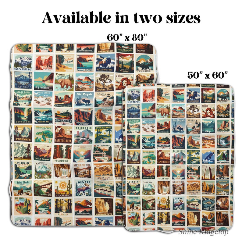 May include: Two rectangular blankets, one 60" x 80" and the other 50" x 60", feature a collage of vintage-style travel posters. The posters showcase national parks and landmarks with colorful illustrations and text. The text "Available in two sizes" is at the top.