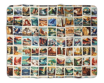 63 National Parks of U.S. Horizontal Sherpa Fleece Blanket, Camp Blanket Camping Gift RV Accessories for Inside Outdoor Lover Gift RV Gift