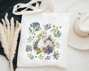Cottage Core Blueberry Duck Cotton Canvas Tote Bag