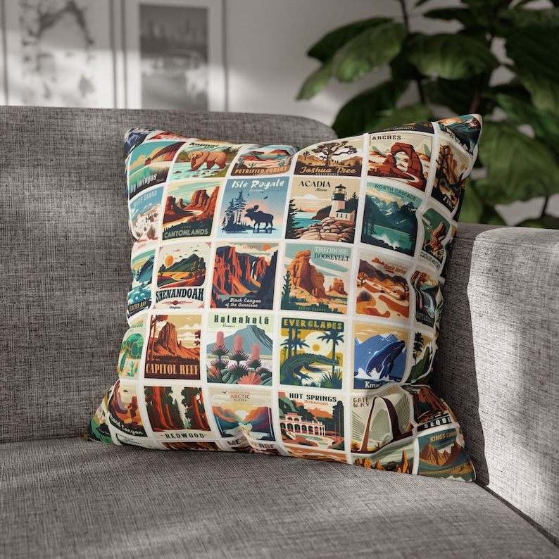 63 National Parks Square Pillow Case, RV Accessories for inside, Camping Pillow, RV Gift, Gift for Traveler, Nature lover Gift, Outdoor Gift image 1