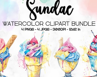 Sundae Watercolor Clipart Bundle, PNG JPG Cute Ice Cream Clipart, Sundae, Transparent PNG, Mugs, Card Making, T-Shirt, Digital Paper Craft