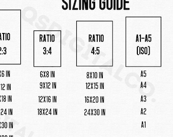 May include: Sizing guide for prints with different aspect ratios and sizes.  The chart shows the ratio, dimensions in inches, and corresponding ISO paper sizes.  Ratios include 2:3, 3:4, and 4:5.  Sizes include 4x6 inches, 8x12 inches, 12x18 inches, 16x24 inches, 20x30 inches, and 24x36 inches.  ISO paper sizes include A5, A4, A3, A2, and A1.