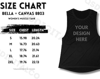 Bella Canvas 8803 Größentabelle | Frauen Tank Top Größentabelle | Bella Canvas 8803 MockUp | Größentabelle | Frauen Flowy Scoop Muskel Tank Mocks