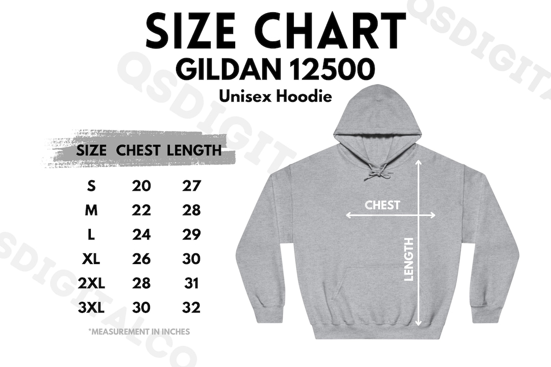 Gildan 12500 Size Chart | Unisex Hoodie Size Guide | Gildan 12500