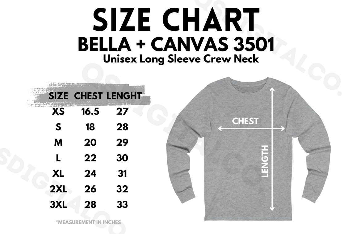 Bella Canvas 3501 Size Chart Unisex Long Sleeve Size Guide - Etsy