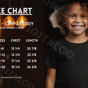 Halloween Bella Canvas 3001Y Tabla de tallas / Guía de tallas de camisas de jersey para niños jóvenes, Maqueta Bella Canvas 3001Y, Guía de tallas, Maqueta de camiseta para niños