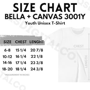 Bella Canvas 3001Y Size Chart | Youth Kids Jersey Shirt Size Guide | Bella Canvas 3001Y Mock Up | Sizing Guide | Kids T-shirt Mockup