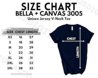 Bella Canvas 3005 Size Chart | Unisex Jersey V Neck Tee Size Guide | Bella Canvas 3005 Mock Up | Sizing Guide | Adult T-shirt Mockup V-Neck