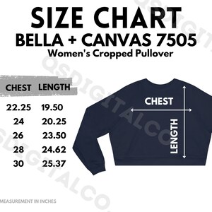 Bella Canvas 7505 Tabla de tallas / Guía de tallas de sudadera con capucha recortada para mujeres / Bella Canvas 7505 Mock Up / Guía de tallas / Maqueta de jersey recortada para mujeres