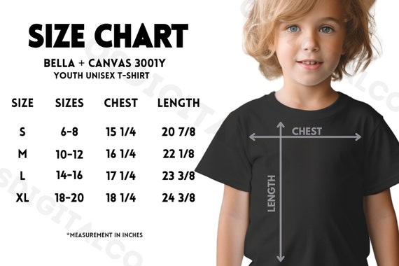 Bella Canvas 3001Y Size Chart | Youth Kids Shirt Sizing Guide