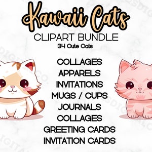 Paquete de imágenes prediseñadas de gatos Kawaii, 34 PNG JPG Imágenes prediseñadas de gatos lindos, PNG transparente, tazas, fabricación de tarjetas, camisetas, artesanía de papel digital, uso comercial imagen 4