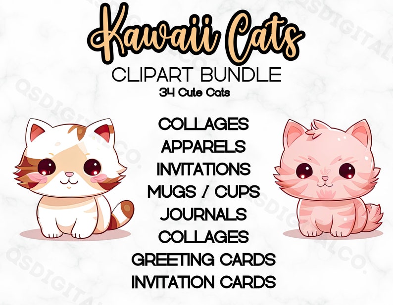 Paquete de imágenes prediseñadas de gatos Kawaii, 34 PNG JPG Imágenes prediseñadas de gatos lindos, PNG transparente, tazas, fabricación de tarjetas, camisetas, artesanía de papel digital, uso comercial imagen 4