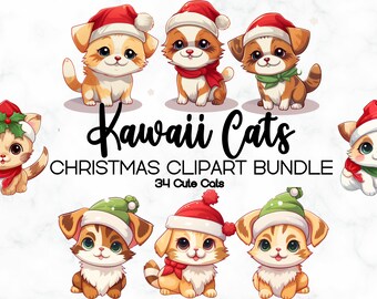 Christmas Kawaii Cats Clipart Bundle, 34 PNG JPG Cute Xmas Cats Clipart, Transparent PNG, Mugs, Card Making, T-Shirts, Digital Paper Craft