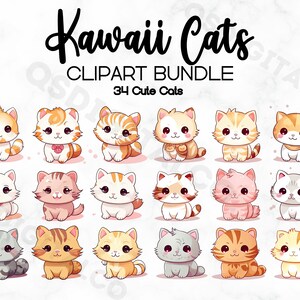 Paquete de imágenes prediseñadas de gatos Kawaii, 34 PNG JPG Imágenes prediseñadas de gatos lindos, PNG transparente, tazas, fabricación de tarjetas, camisetas, artesanía de papel digital, uso comercial imagen 2