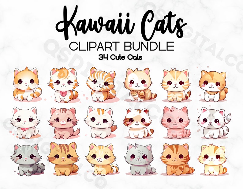 Paquete de imágenes prediseñadas de gatos Kawaii, 34 PNG JPG Imágenes prediseñadas de gatos lindos, PNG transparente, tazas, fabricación de tarjetas, camisetas, artesanía de papel digital, uso comercial imagen 2