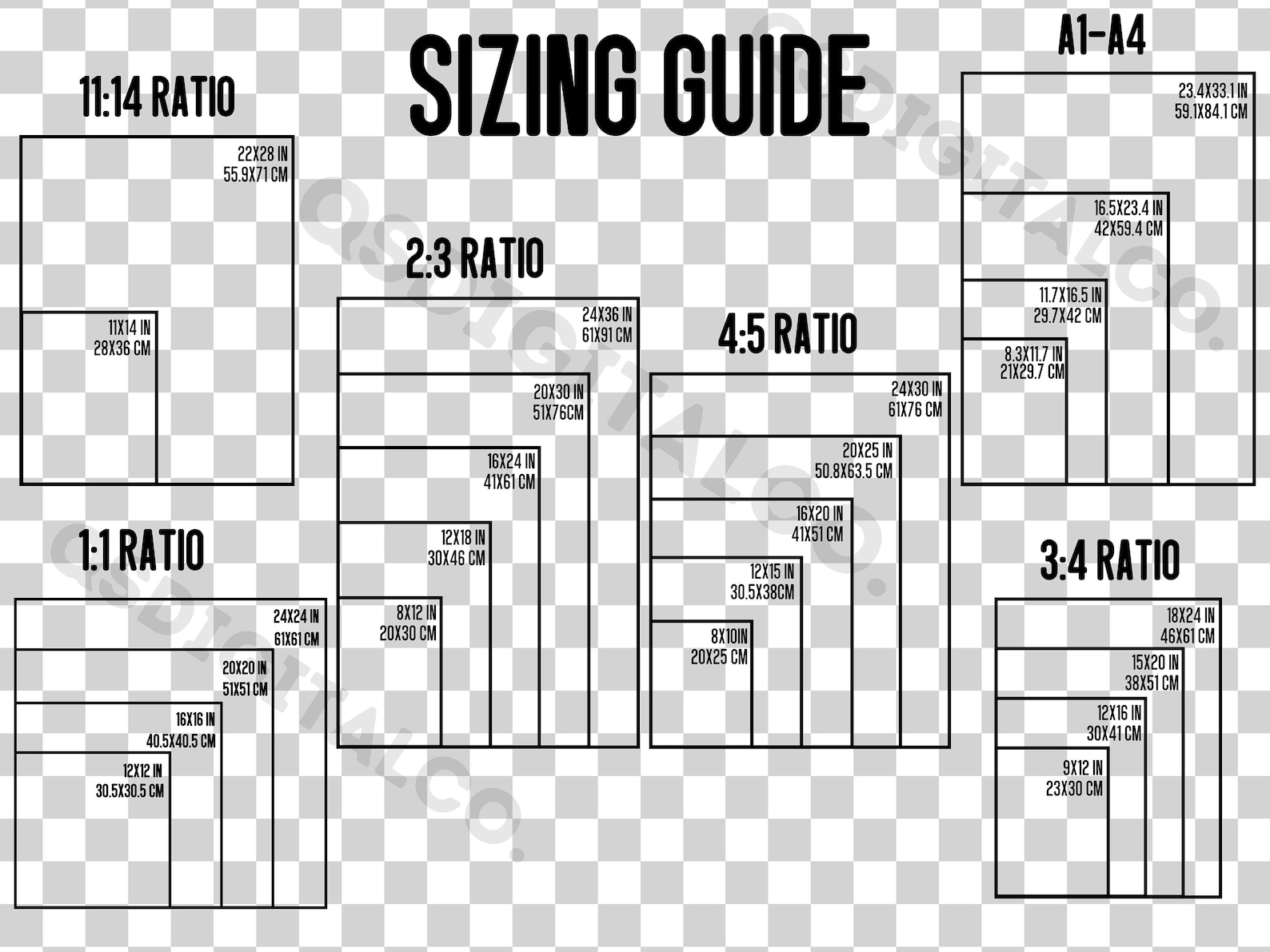 Transparent Wall Art Size Guide, Print Size Guide, Wall Art Ratio Guide