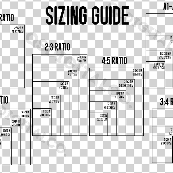 Transparent Wall Art Size Guide, Print Size Guide, Wall Art Ratio Guide, Frame Size Chart, Poster Size Guide, Display Print Size Guide (PNG)