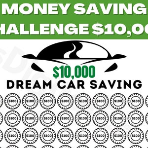 May include: A black and white illustration of a car with the text "$10,000 DREAM CAR SAVING" and a grid of 36 circles with the text "$100" in each circle.