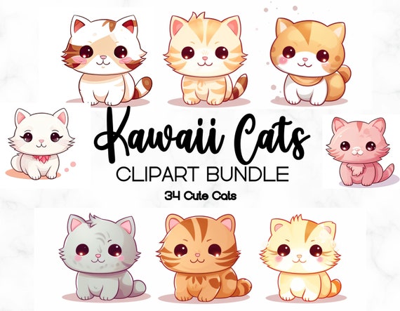Kawaii Cats Clipart Bundle, 34 PNG JPG Cute Cats Clipart, Transparent PNG, Mugs, Card Making, T-Shirts, Digital Paper Craft, Commercial Use